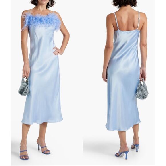 NEW Sleeper Boheme Feather Slip Dress Blue Satin Midi Size M Ostrich Versatile - Picture 1 of 11